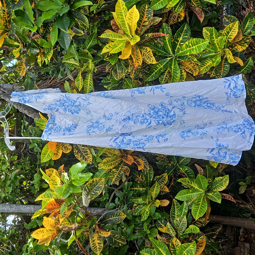 BHLDN One-Shoulder White Maxi Dress with Blue Floral Print